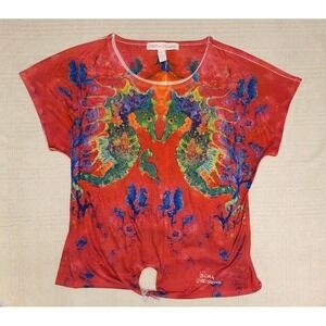 Leoma Lovegrove Women XL Tropical Coastal Artsy Resortwear Colorful Seahorse Top